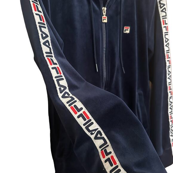 UNISEX Retro FILA Velour Track Men SZ S TOP CONDITION Hooded Navy Maureen Jacket - Picture 11 of 16
